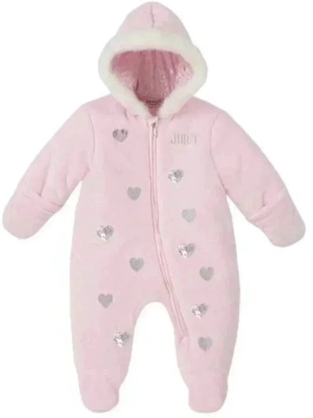 Juicy Couture Bunting Suit Snowsuit Pink Silver Hood Fleece  Hearts Size 6-9M